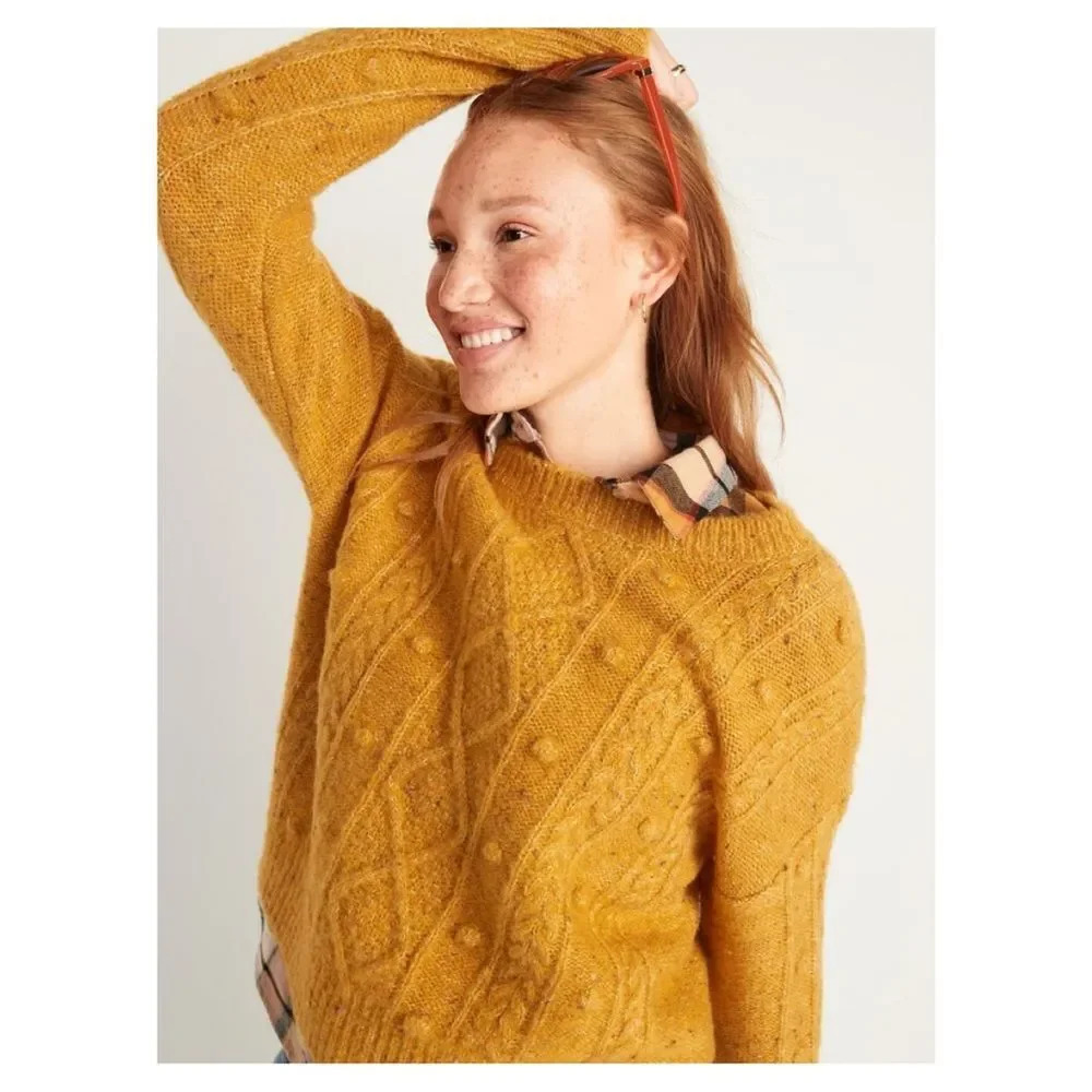 OLD NAVY Mustard Yellow Speckled Cable-Knit Popcorn Sweater M